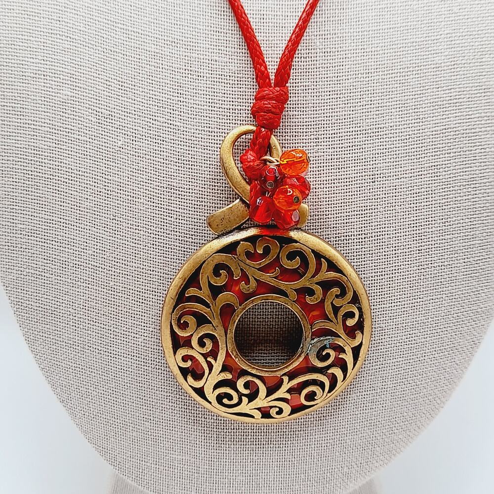 Vintage Chico's Boho Red Brass Pendant Necklace Red Cord 22"